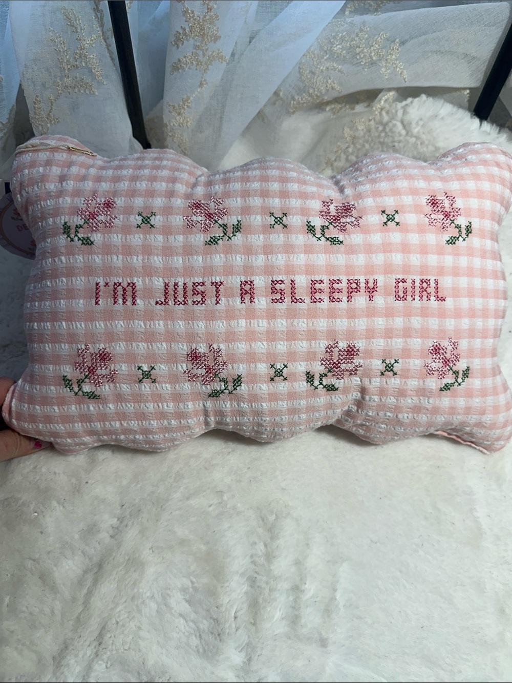 Cross stitched pink gingham decor pillow - Picture 2 of 3